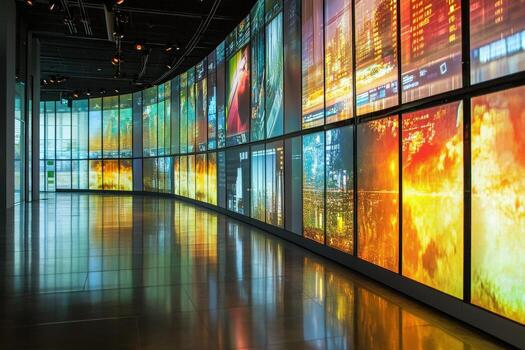 A long, curved wall filled with large screens displays a variety of colorful digital art. The vibrant visuals transform the gallery space, creating an immersive experience for visitors. photo
