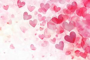 Colorful heart shapes cascade gently in a soft pastel background, creating a romantic atmosphere perfect for a celebration. The setting evokes feelings of love and joy. photo