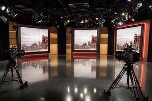 Three professional cameras are positioned in a modern television studio, with large screens displaying a city skyline. photo