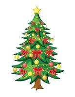 Christmas tree in cartoon style. Flat illustration of a festive Christmas tree decorated with snowflakes, colored balls, shining garlands, red bows, a star isolated on a white background. New Year. vector