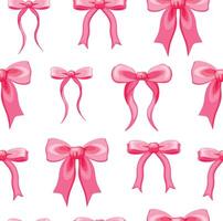 Seamless pattern with cute bows in cartoon style. Illustration of a pattern with pink ribbon bows of various shapes and sizes isolated on a white background.Wrapping paper.Packaging. Decoration. vector