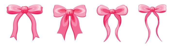 Set of cute, flirty silk bows in cartoon style. Illustration of ribbon rosette bows of different shapes and sizes isolated on white background. Decorations. Girlish. Couquetts bows. vector