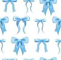 Seamless pattern with cute bows in cartoon style. Flat illustration of a pattern with blue ribbon bows of different shapes and sizes, isolated on a white background. Wrapping paper. Packaging.Decor. vector