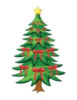 Christmas tree in cartoon style. Flat illustration of festive green fir tree with trunk decorated with shining garlands, red ribbon bows, yellow star isolated on white background. Holiday. New Year. vector