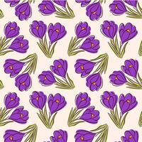 Seamless floral pattern with crocus or saffron flower in flat style. Spring design for wallpaper, wrapper and textile. vector
