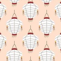 Seamless pattern of white Chinese lantern with tassel on a peach background. Perfect for festive design, textile, wrapping paper and cultural decorative project. vector