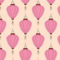 Charming seamless pattern with pink Chinese lanterns on soft peach background in flat style. Ideal for festive decor, stationery, textile and gift wrapping design. vector