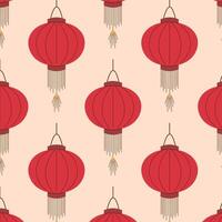 Seamless pattern with traditional red Chinese lantern on a soft beige background. Ideal for festive design, home decor, gift wrap, textile and card. vector