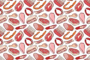 Seamless meat pattern with different cuts in flat style. Ideal for butcher shop design, restaurant menu, culinary project or background in food related illustration. vector