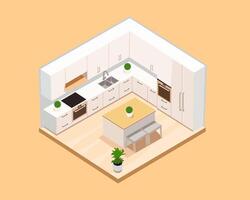Illustration of isometric image of a minimalist kitchen set features sleek cabinetry, a wooden countertop island, stainless steel appliances, and a light wood floor vector