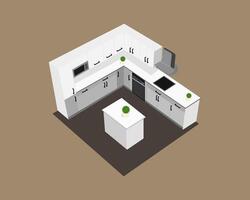Illustration of isometric image of a minimalist kitchen set features a combination of white and gray cabinets, with a small island that doubles as a dining table, microwave and a small dishwasher vector