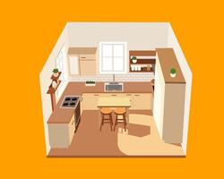 Illustration of isometric cozy minimalist kitchen is designed with a warm color palette, featuring light beige cabinets paired with a wooden countertop. The rustic wooden style flooring vector
