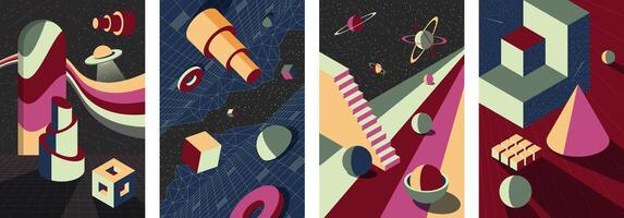 Abstract psychedelic space composition set with vibrant trendy vintage colors. Posters with geometric shapes feature planets and winding paths. Wall art cards or creative design projects vector