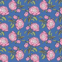 Pink peony seamless floral pattern in flat style. Design for web, wrapping paper, phone cover, textile, fabric, postcard. Illustration on a blue background. vector