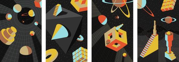 Psychedelic retro posters with colorful 70s and 80s vibes. Optical illusions and surreal cosmic scenes. Geometric patterns and spheres. Stairs in vintage perspectives. Bold vibrant design prints vector