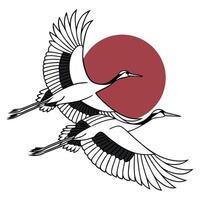 japanese crane with red sun background vector