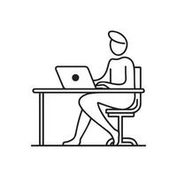 A outline style icon a man working on desk with a laptop. a minimalist workspace, ideal for co-working themes concepts vector