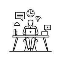 A outline art icon of a worker at a desk with a laptop, chat bubbles, a clock, and Wi-Fi lines. digital workspace. vector