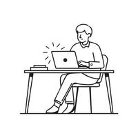 A outline style icon a man working on desk with a laptop. a minimalist workspace, ideal for co-working themes concepts vector