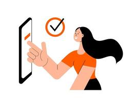 Concept of successful confirmation of action. Woman clicks with hand on button in smartphone and confirms action. Modern technologies. illustration vector