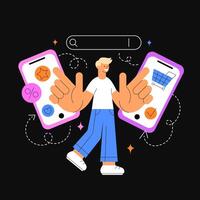 Online shopping concept on smartphone. Man buys in online store with discounts via mobile. Flat illustration on dark background vector