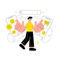 Online shopping concept in smartphone. Man buys in online store with discounts via mobile. Flat illustration isolated on white background vector