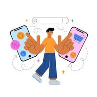 Online shopping concept on smartphone. Man buys in online store with discounts via mobile. Flat illustration vector