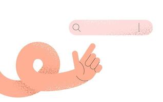 Textured human hand points with index finger to search bar. Technology concept. Flat illustration vector
