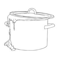 A saucepan from which dough runs away in doodle style. illustration isolated on white background. vector