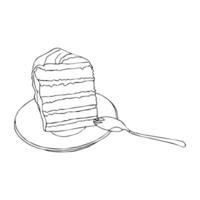 Piece of multilayer cake on a plate with a spoon. illustration isolated on white background. vector
