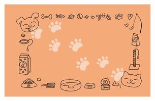 Frame, banner, flyer. Pet products. Animal linear icons drawings, doodles, background for print design. Postcard with place for text. Promotion concept, sale of goods in pet store. vector