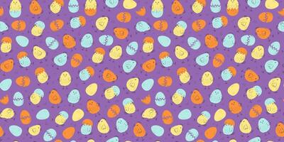 Pattern cartoon colorful chickens, repeating background. Animals, poultry. Set of little chickens, painted eggs. Hand drawn linear doodle icons. Easter design, seamless texture. vector