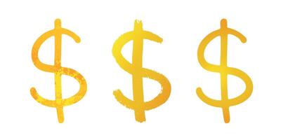 Hand drawn dollar Gold currency symbol set Brush stroke doodle Single element for design vector