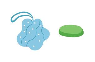 illustration of a blue bath sponge with string and a green soap bar for personal hygiene vector