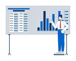 Male office worker analyzing bar chart presentation board 2D cartoon character. Caucasian employee analyst corporate report isolated person flat on white background. Spot illustration colorful vector