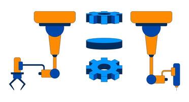 Robotic arms and gears 2D cartoon objects set. Manufacturing industrial parts, automation systems, cogwheels isolated elements flat cliparts on white background. Spot illustrations collection vector