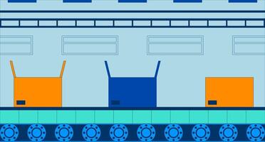 Conveyor belt boxes packing automation flat illustration. Logistics cardboard box sealing process automatic 2D interior cartoon background. Assembly operation in manufacturing scene image vector