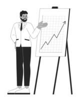 Black man manager pointing on line graph upward arrow easel black and white 2D line character. African american executive revenue growth isolated outline person. Monochromatic spot illustration vector