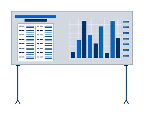 Presentation board with bar chart 2D cartoon object. Seminar data display. Corporate reporting. Performance metrics graph isolated element flat clipart on white background. Spot illustration