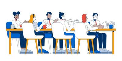 Multicultural colleagues clapping applauding at table 2D cartoon characters. Teamwork meeting. Applause business adults isolated people flat on white background. Spot illustration colorful vector