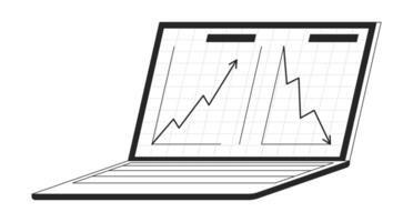 Laptop display line graphs with upward, downward trends black and white 2D line object. Notebook screen comparative data analysis isolated clip art outline item. Monochromatic spot illustration vector