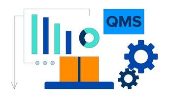 Quality management system with data visualization 2D illustration concept. QMS, graphs, charts, gears and package cartoon composition isolated on white. Metaphor abstract flat graphic vector