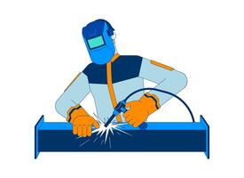 Mask welder welding sparks steel tube cartoon flat illustration. Soldering pipe manufacturing. Metal fabrication worker using welding torch 2D character isolated on white. colorful image vector