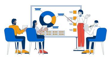 Office workers analytical meeting 2D cartoon characters. Whiteboard data presenter woman, diverse colleagues taking notes isolated people flat on white background. Spot illustration colorful vector