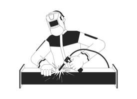 Mask welder welding sparks steel tube linear illustration. Soldering pipe manufacturing. Metal fabrication worker welding torch 2D line character isolated on white. Monochrome outline image vector