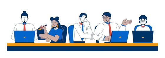 Row of diverse employees brainstorming together at desk 2D cartoon characters. Office workers laptops typing. Team coworkers isolated people flat on white background. Spot illustration colorful vector