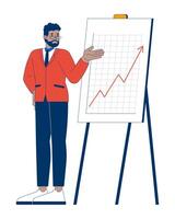 Black man manager pointing on line graph upward arrow easel 2D cartoon character. African american executive revenue growth isolated person flat on white background. Spot illustration colorful vector