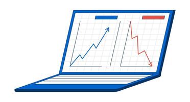 Laptop displaying line graphs with upward, downward trends 2D cartoon object. Notebook screen comparative data analysis isolated element flat clipart on white background. Spot illustration vector