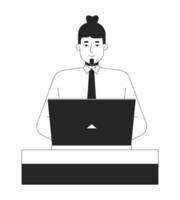 Caucasian office worker man typing laptop at desk black and white 2D line character. Bearded male tie employee working notebook isolated outline person. Monochromatic spot illustration vector