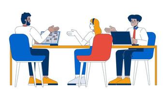 Three people colleagues discussing work at desk 2D cartoon characters. Cooperation teamwork coworkers multicultural isolated people flat on white background. Spot illustration colorful vector